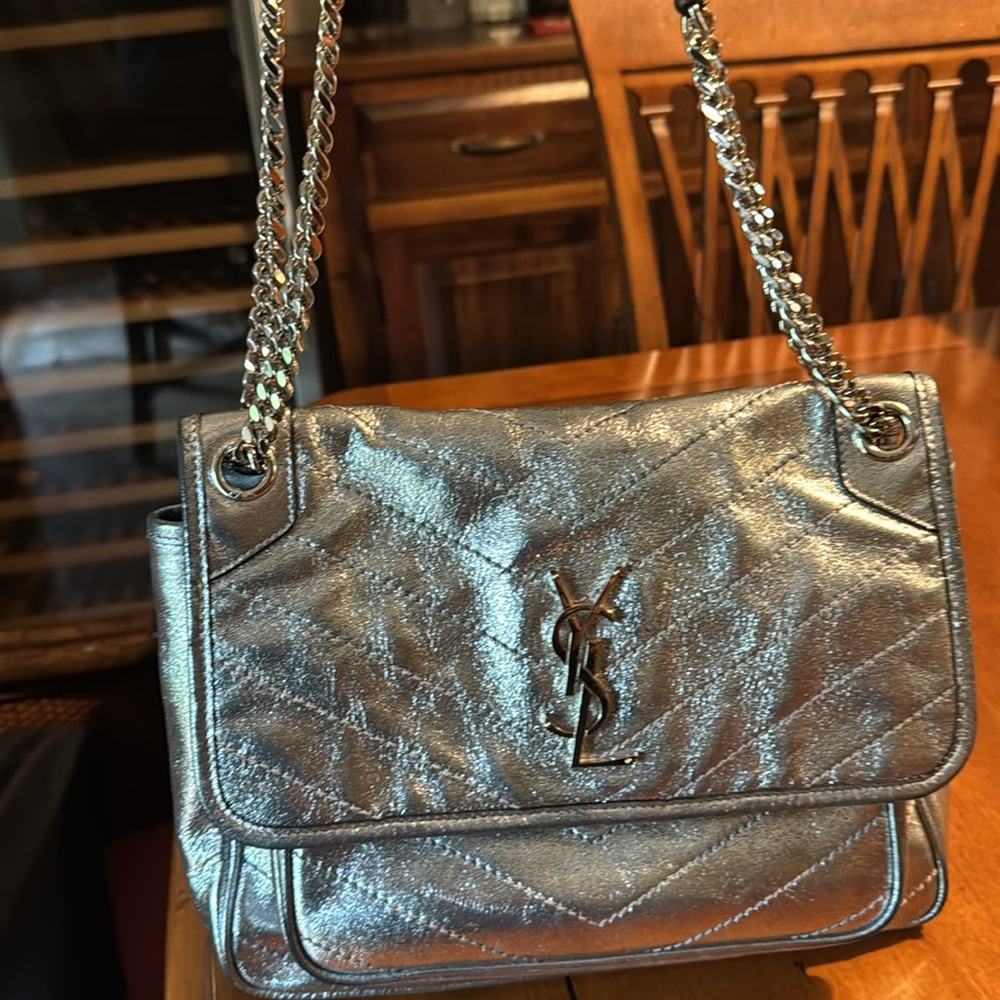 Saint Laurent Silver Metallic Shoulder Bag with Chain Straps